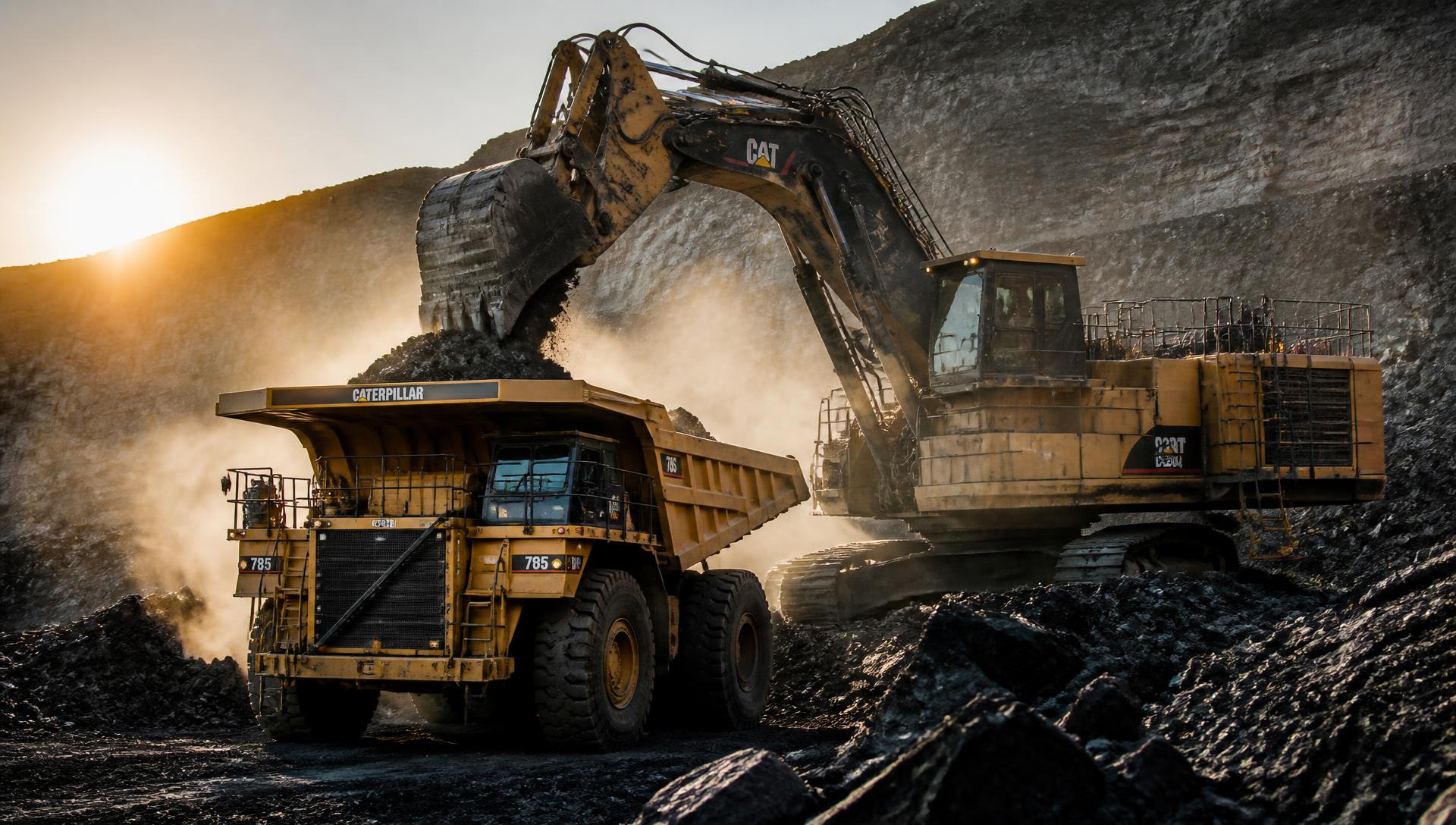 Haul truck on a bench above a large open-pit mine at dusk
